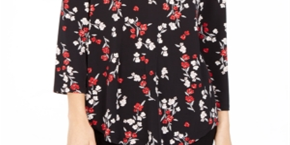 Charter Club Women's Floral Print Pleated V Neck Blouse Black Size Small