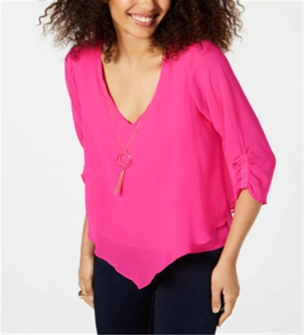 Thalia Sodi Women's Layered Ruched-Sleeve Necklace Top Pink Size Medium