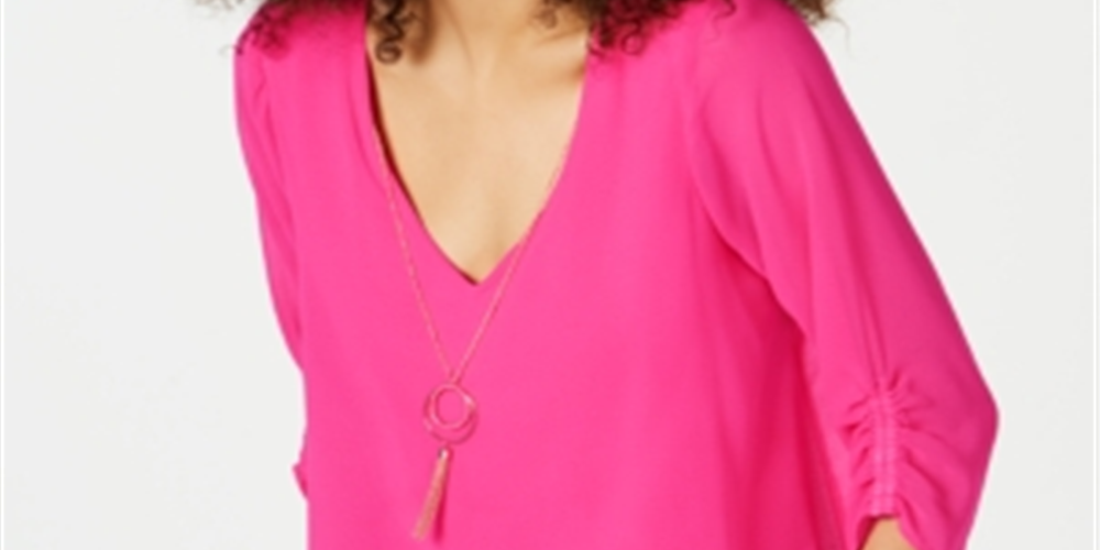 Thalia Sodi Women's Layered Ruched-Sleeve Necklace Top Pink Size Medium
