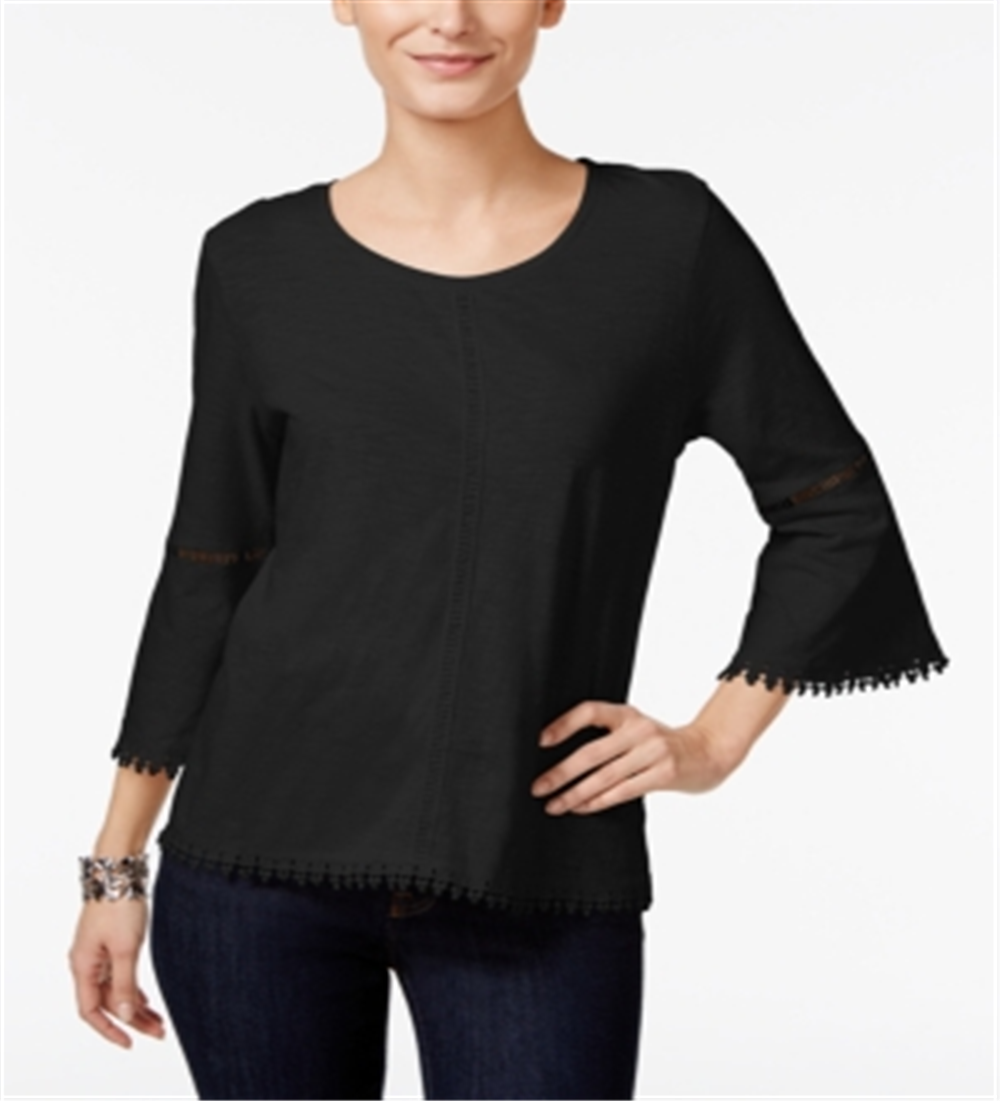 Style & Co Women's Crochet Trim Bell Sleeve Top Black Size Petite S