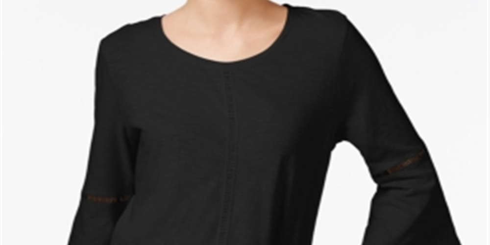 Style & Co Women's Crochet Trim Bell Sleeve Top Black Size Petite S
