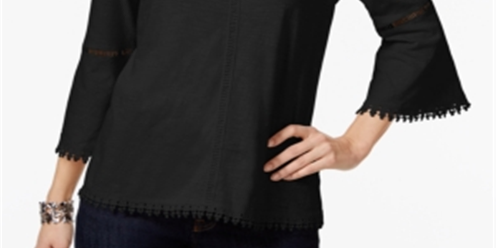 Style & Co Women's Crochet Trim Bell Sleeve Top Black Size Petite S