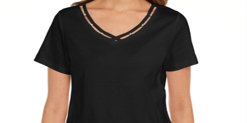 Karen Scott Women's Cotton Open Trim V Neck T-Shirt Black Size Small
