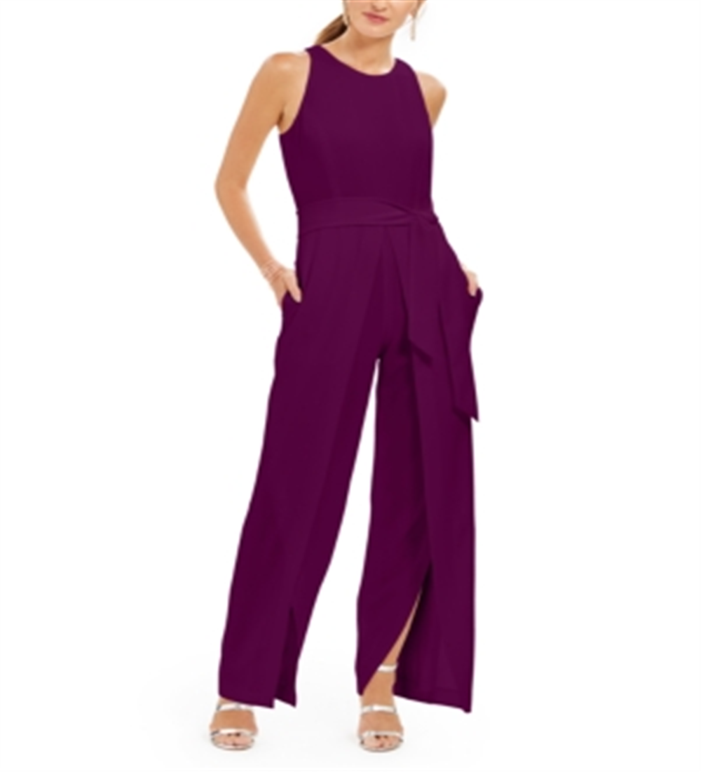 INC International Concepts Women's Belted Flyaway Leg Jumpsuit Wine Size 8