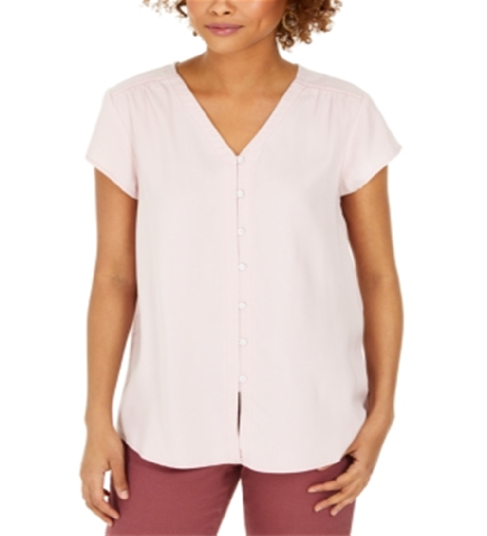 Style & Co Women's Button Down Flutter-Sleeve Top Pink Size X-Small