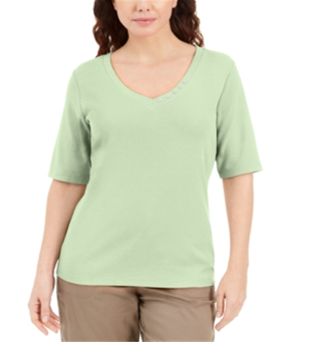 Karen Scott Women's Button Detail V Neck Top Green Size Medium