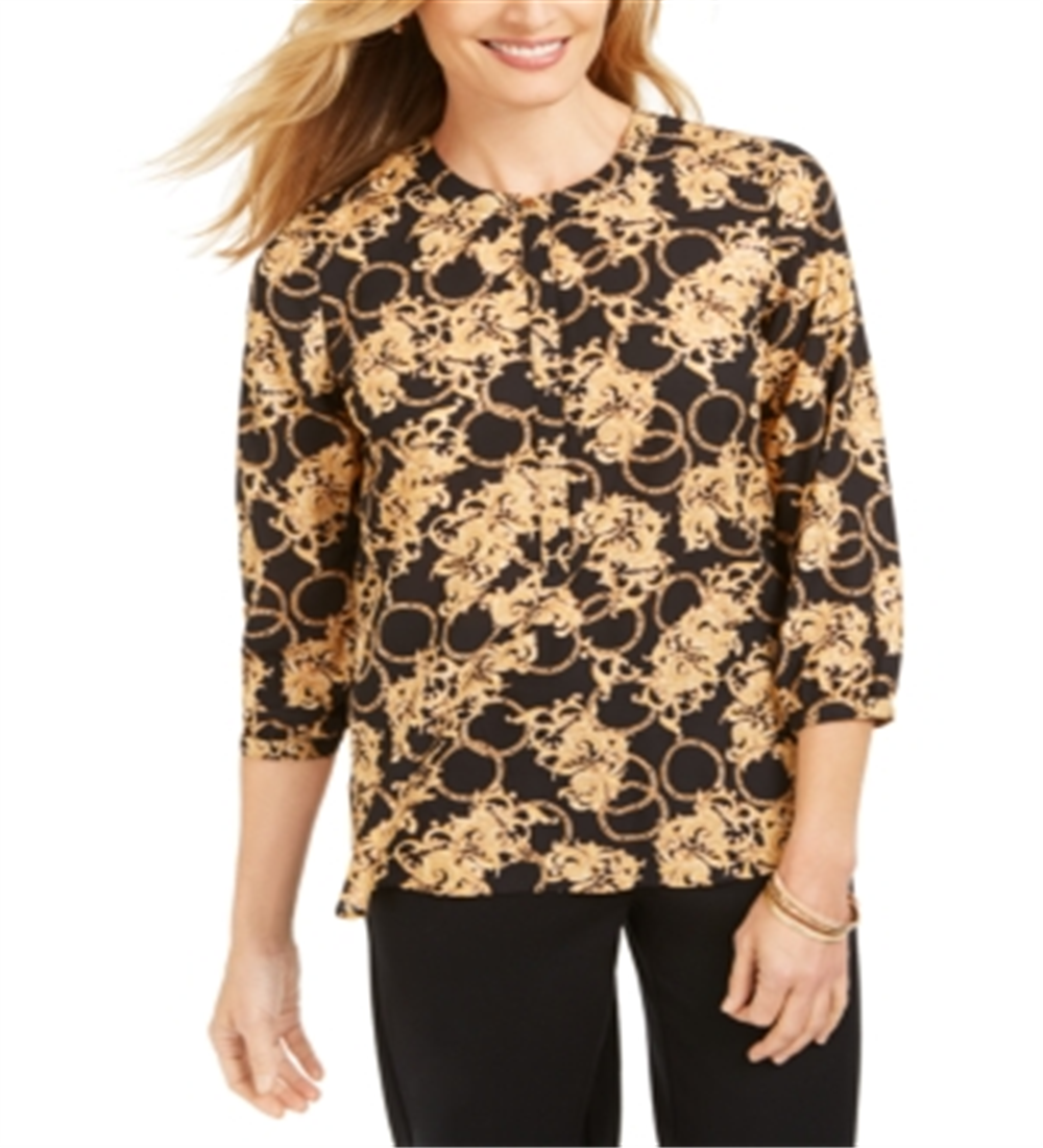 JM Collection Women's Foil Printed Pleat Back Top Black Size XX-Large