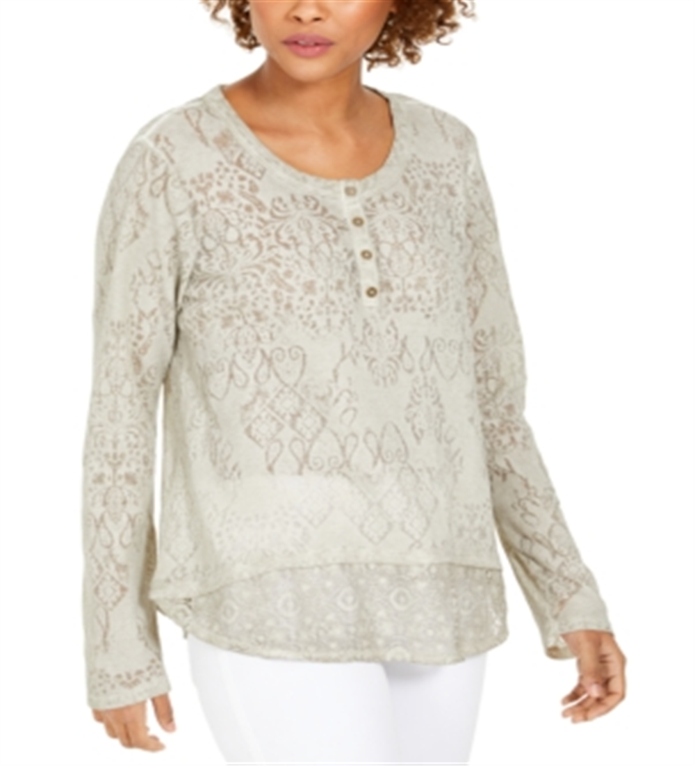 Style & Co Women's Lace Henley Top Gray Size X-Small