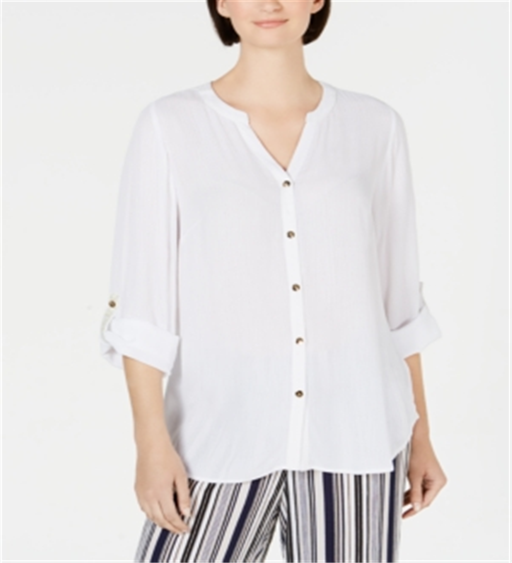 JM Collection Women's Crepon Button Front Blouse White Size Medium