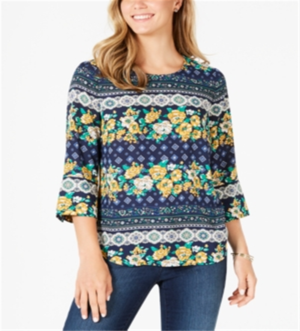 Charter Club Women's 3/4 Sleeve Printed Top Blue Size X-Large