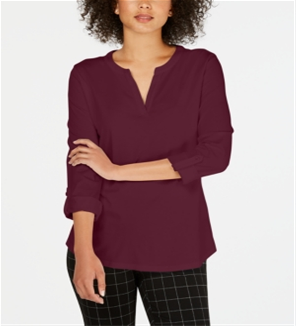 Charter Club Women's Supima Cotton Split Neck Top Red Size Medium