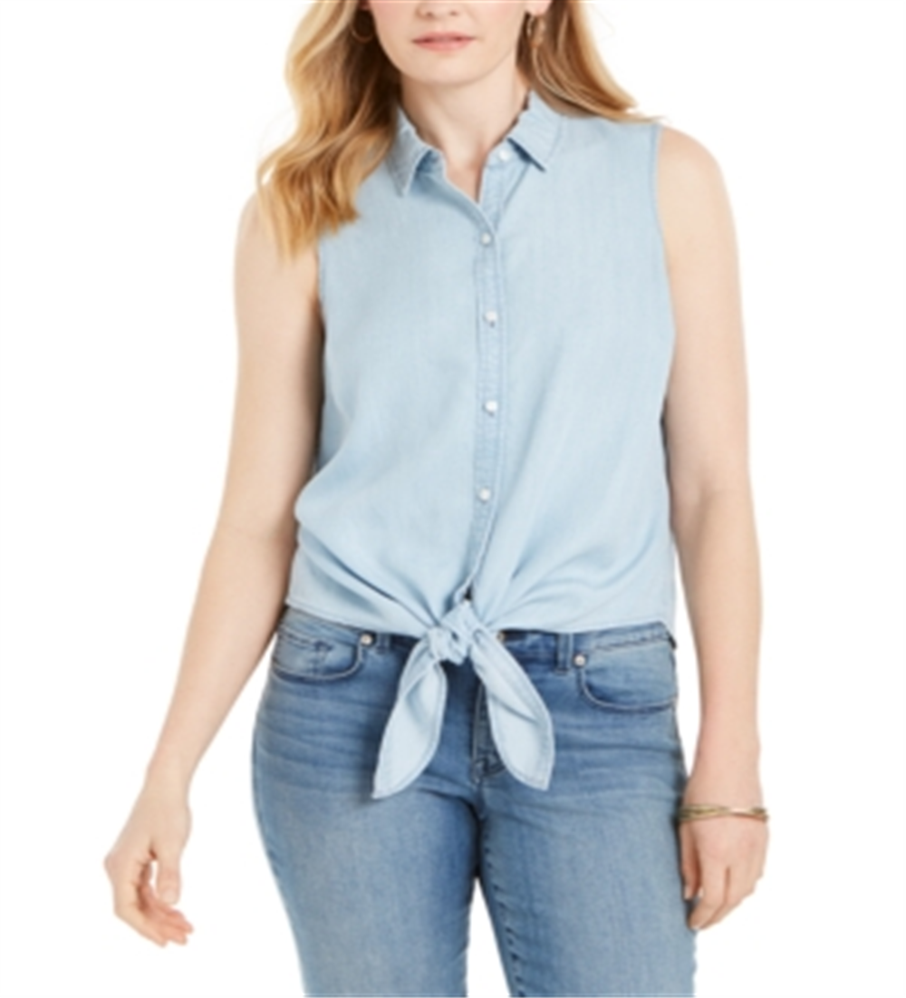 Charter Club Women's Cotton Tie Hem Sleeveless Shirt Blue Size 8