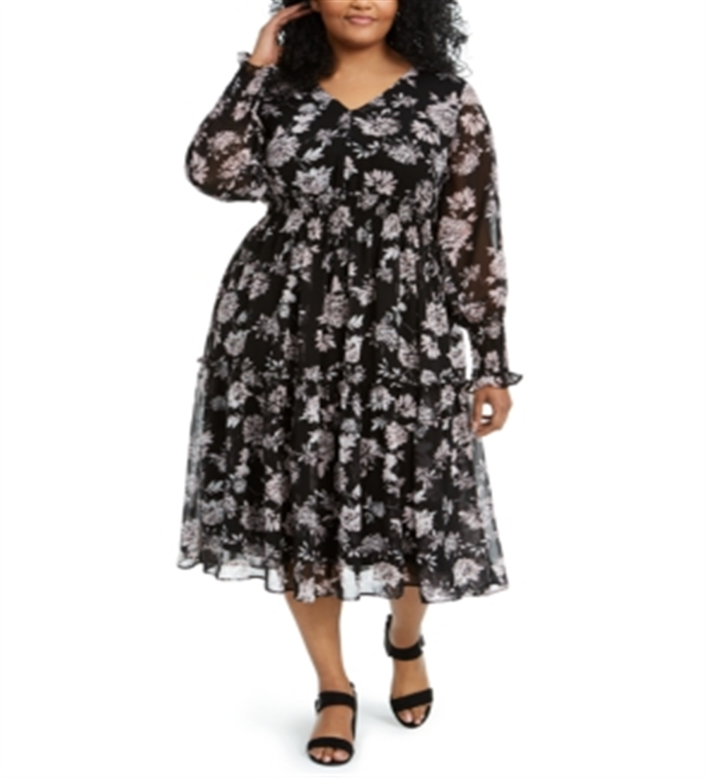 Taylor Women's Floral Print Smocked MIDI Dress Black Size 18W