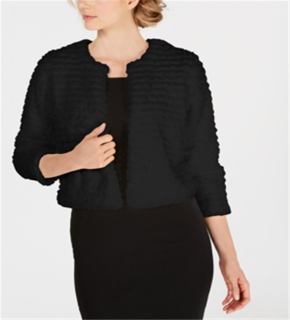 Calvin Klein Women's Faux Fur Sleeveless Open Cardigan Cocktail Top Black Size Petite Small