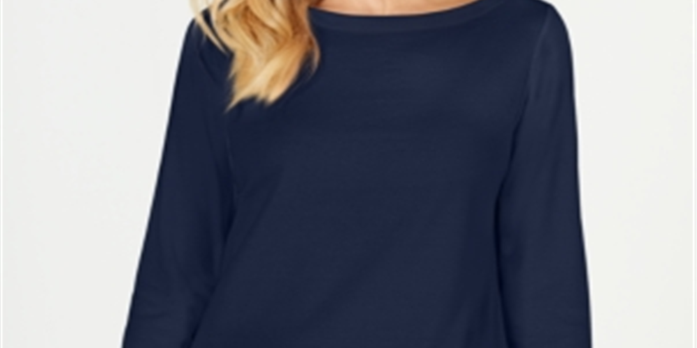 Karen Scott Women's Cotton Boat Neck 3/4 Sleeve Knit Top Blue Size X-Small