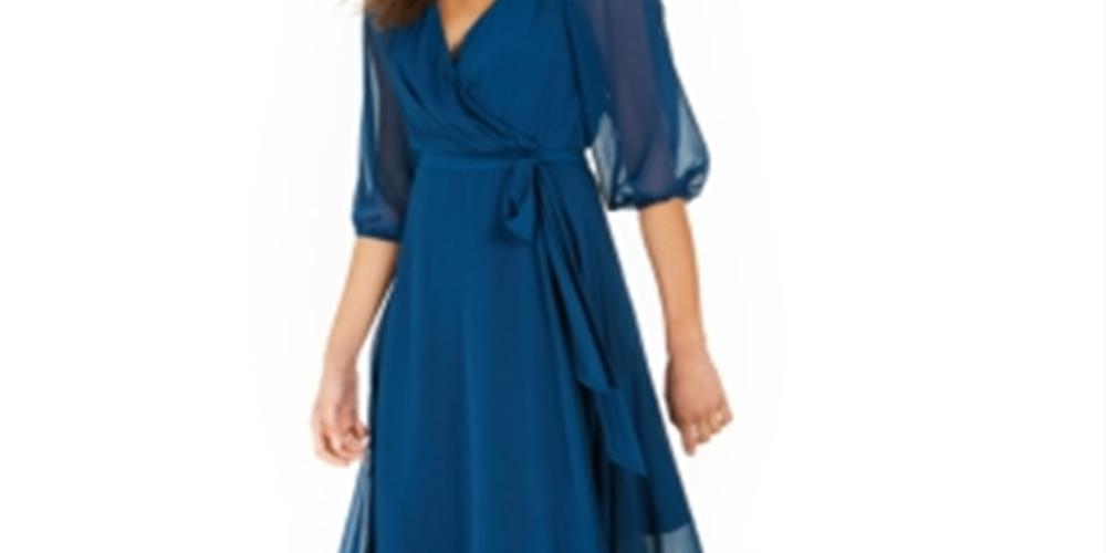 NY Collection Women's Crinkle Chiffon Faux Wrap Dress Blue Size Petite XL