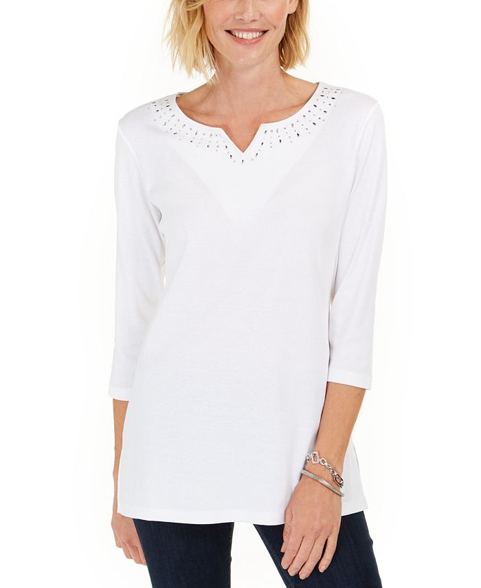 Karen Scott Women's Cotton Studded Split Neck Top White Size XS