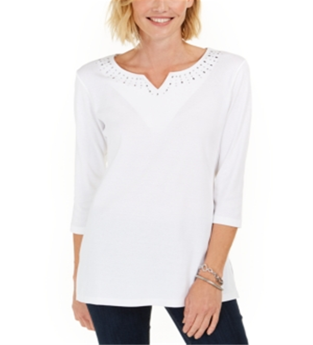 Karen Scott Women's Cotton Studded Split Neck Top White Size XS