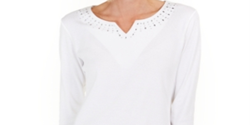 Karen Scott Women's Cotton Studded Split Neck Top White Size XS