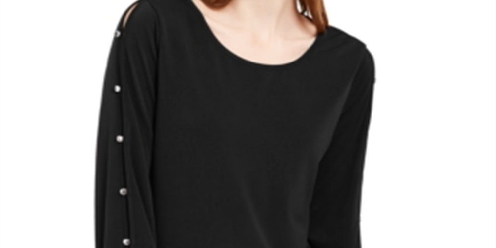 NY Collection Women's Split Sleeve Top Black Size Petite Large