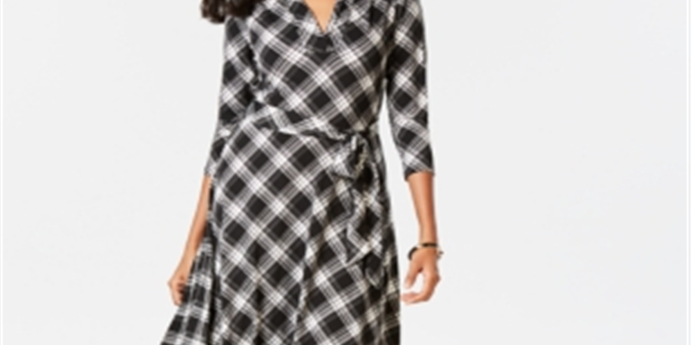 Charter Club Women's Plaid V Neck Dress Black Size XX-Large