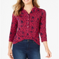 Charter Club Women's 3/4 Sleeve Printed Polo Top Pink Size Medium
