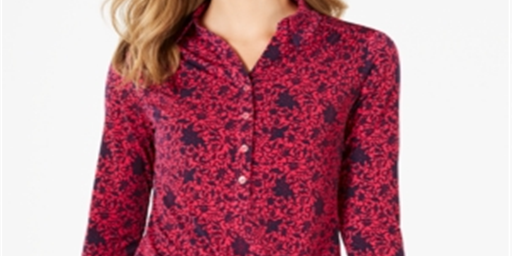 Charter Club Women's 3/4 Sleeve Printed Polo Top Pink Size Medium