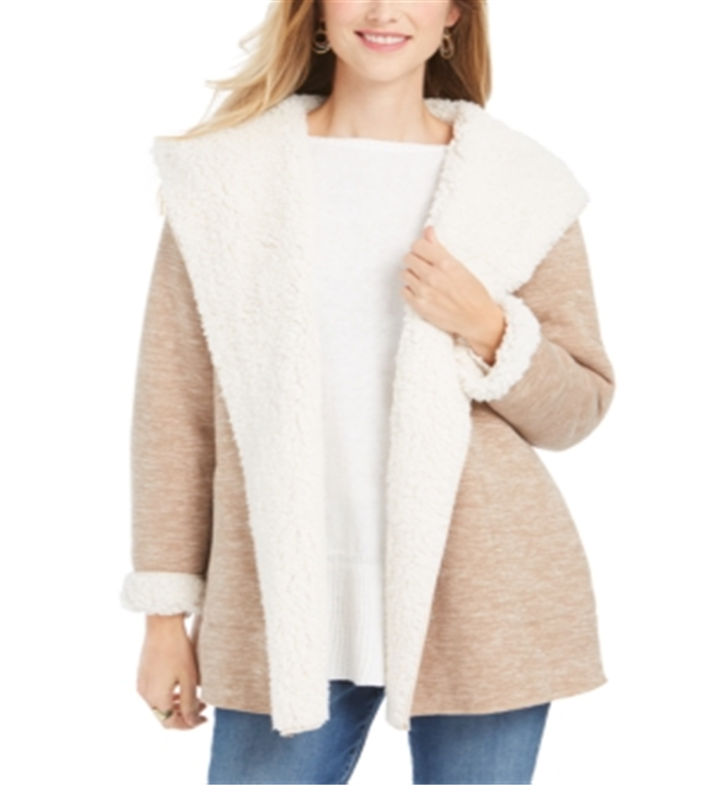 Style & Co Women's Hooded Sherpa Lined Cardigan Brown Size M