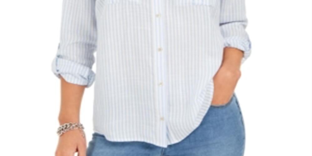 Charter Club Women's Striped Textured Button Down Top Blue Size XX-Large