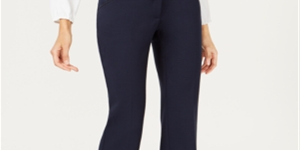 Alfani Women's Faux Leather Trim Wide Leg Trousers Blue Size 8 Petite