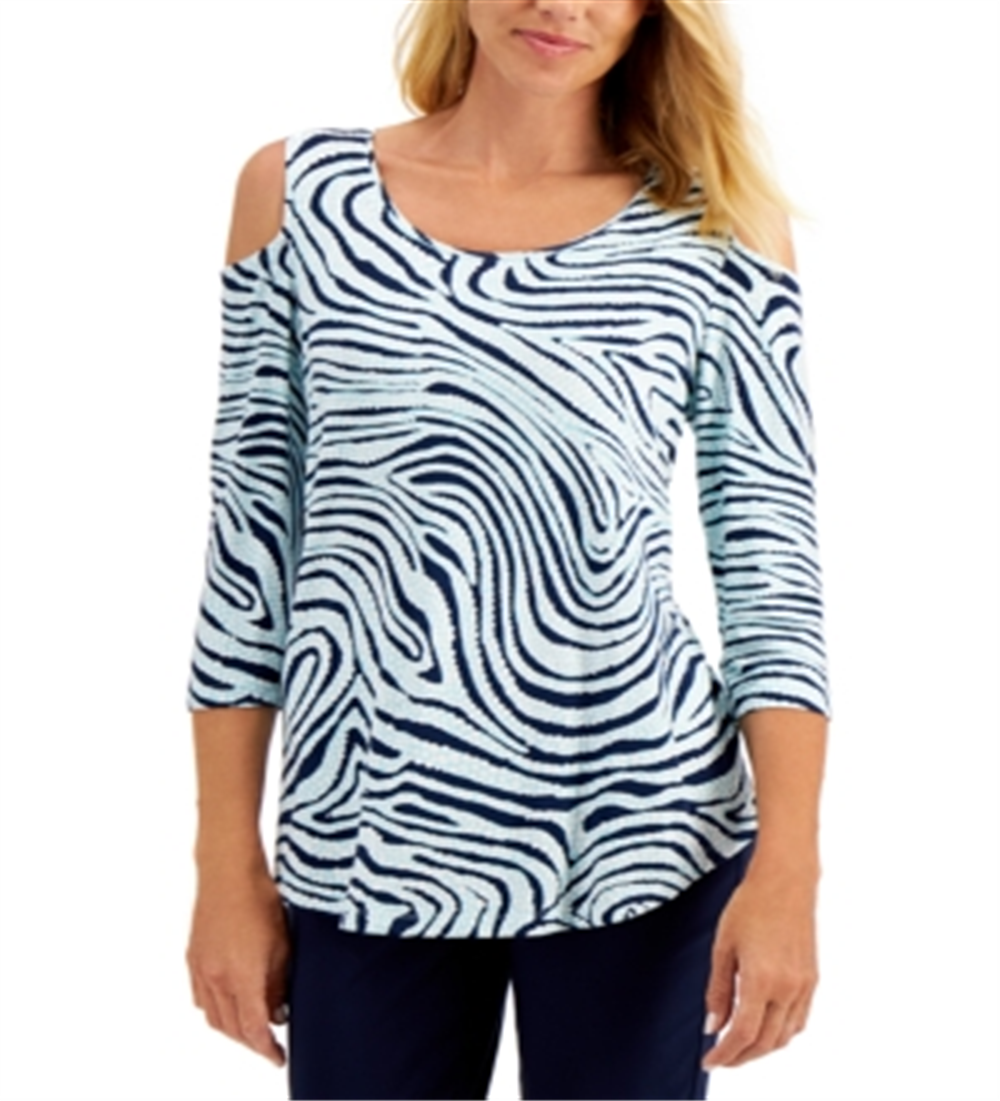 JM Collection Women's Zebra Print Cold Shoulder Top Blue Size X-Small