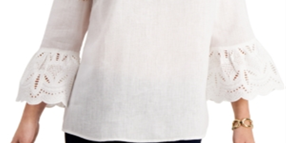 Charter Club Women's Eyelet Bell Sleeve Top White Size Medium