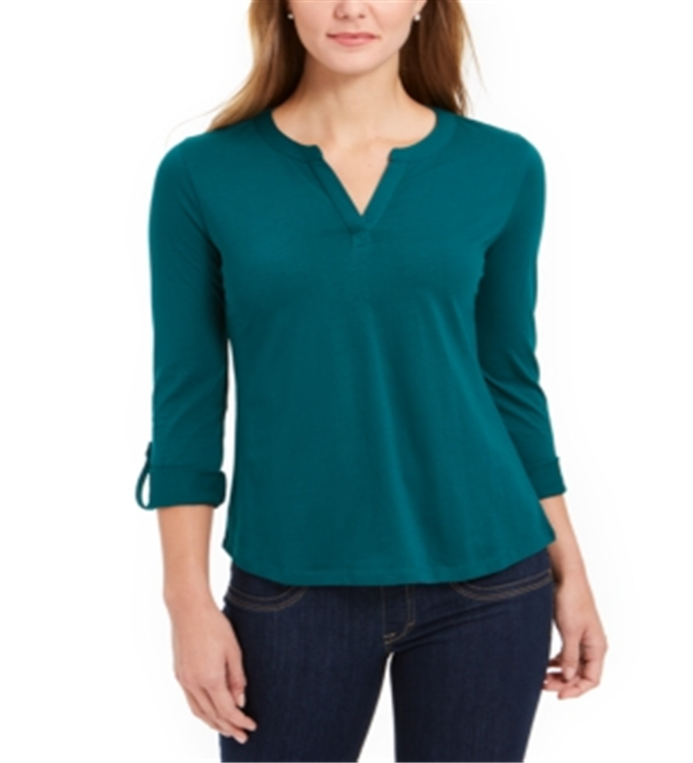 Charter Club Women's 3/4 Sleeve V Neck Top Green Size X-Large