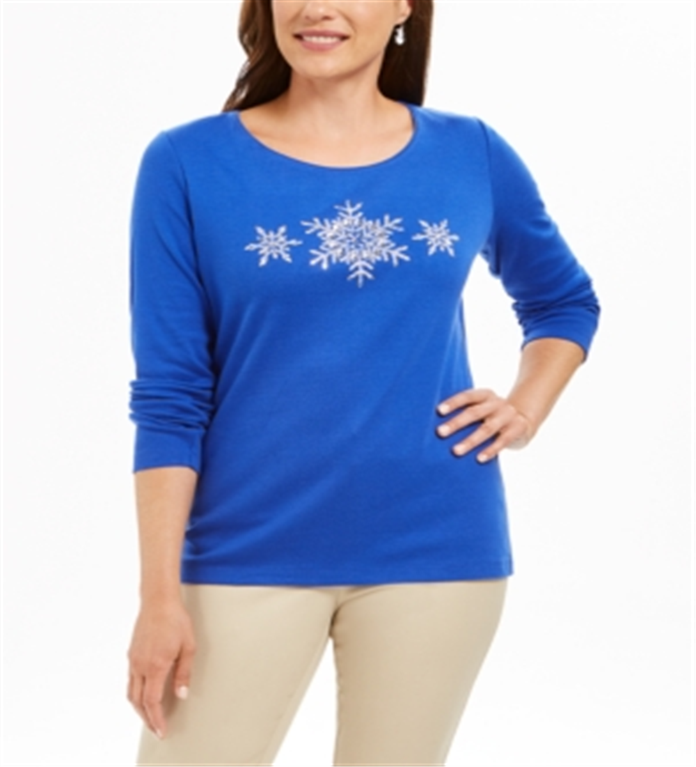 Karen Scott Women's Glitter Snowflake Cotton Top Blue Size X-Large