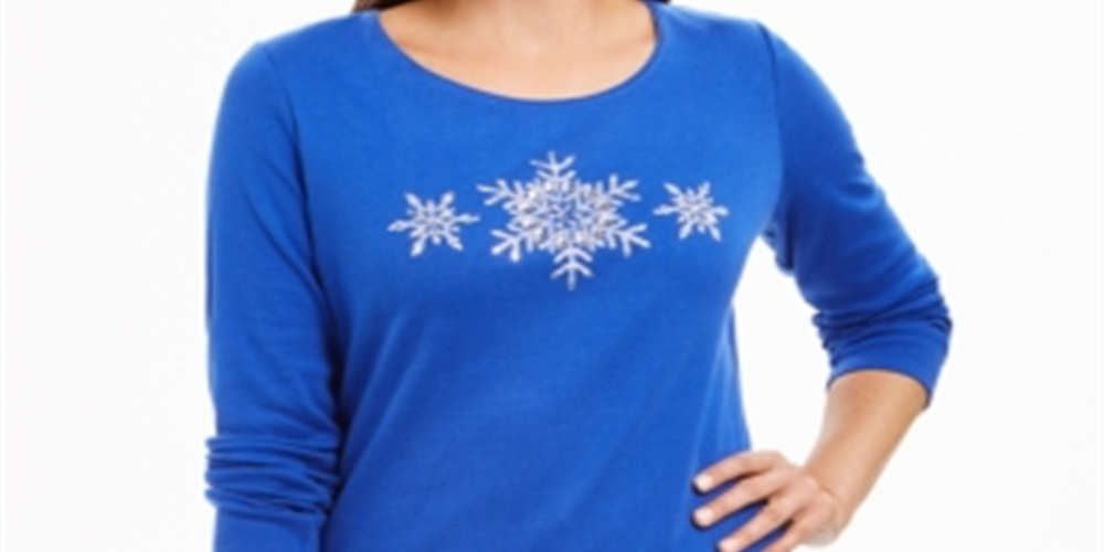 Karen Scott Women's Glitter Snowflake Cotton Top Blue Size X-Large