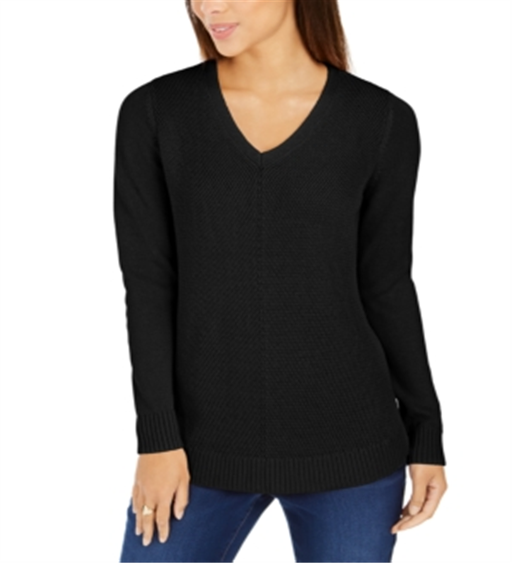 Charter Club Women's Long Sleeve V Neck Top Black Size Petite Small
