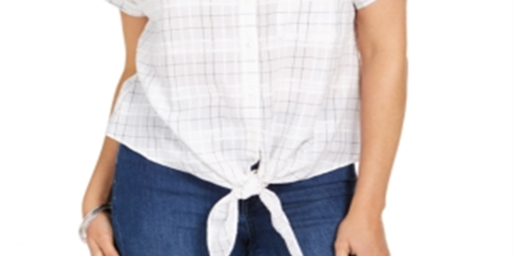 Charter Club Women's Windowpane Print Tie Waist Top White Size Small
