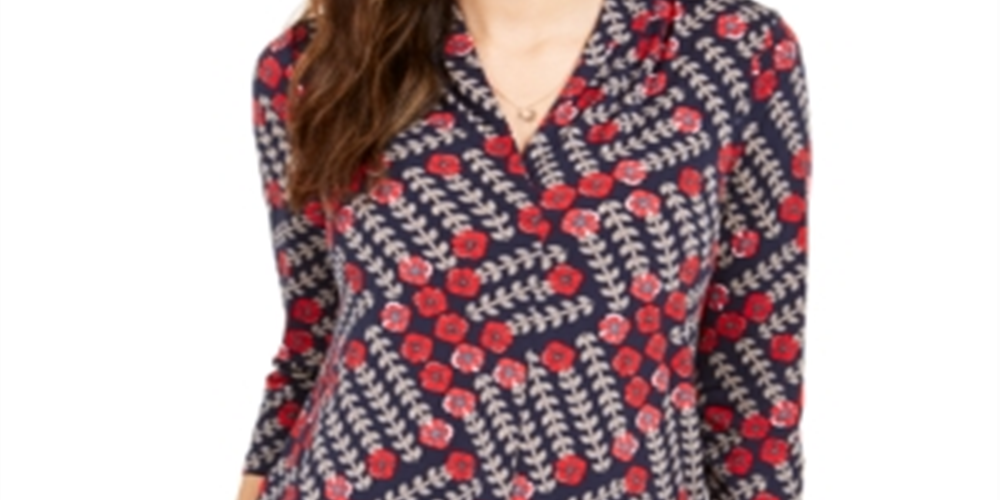 Charter Club Women's Printed V Neck Top Blue Size Large