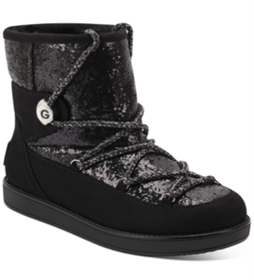 Gbg Guess Women's Logo Sparkle Insert Lace up Detail Cushioned Insulated Aylan Round Toe Snow Boots Black Size 6 M