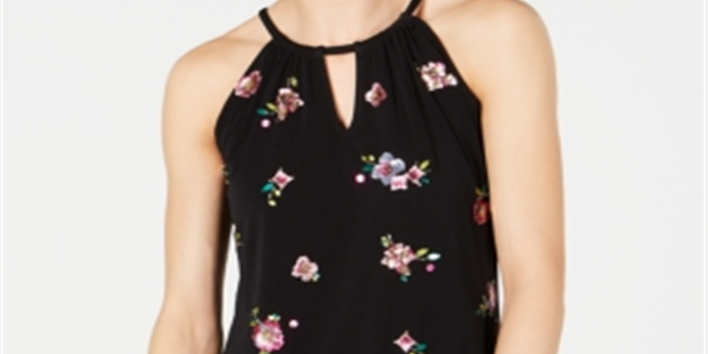 INC International Concepts Women's Embellished Bubble Hem Halter Top Black Size Petite L
