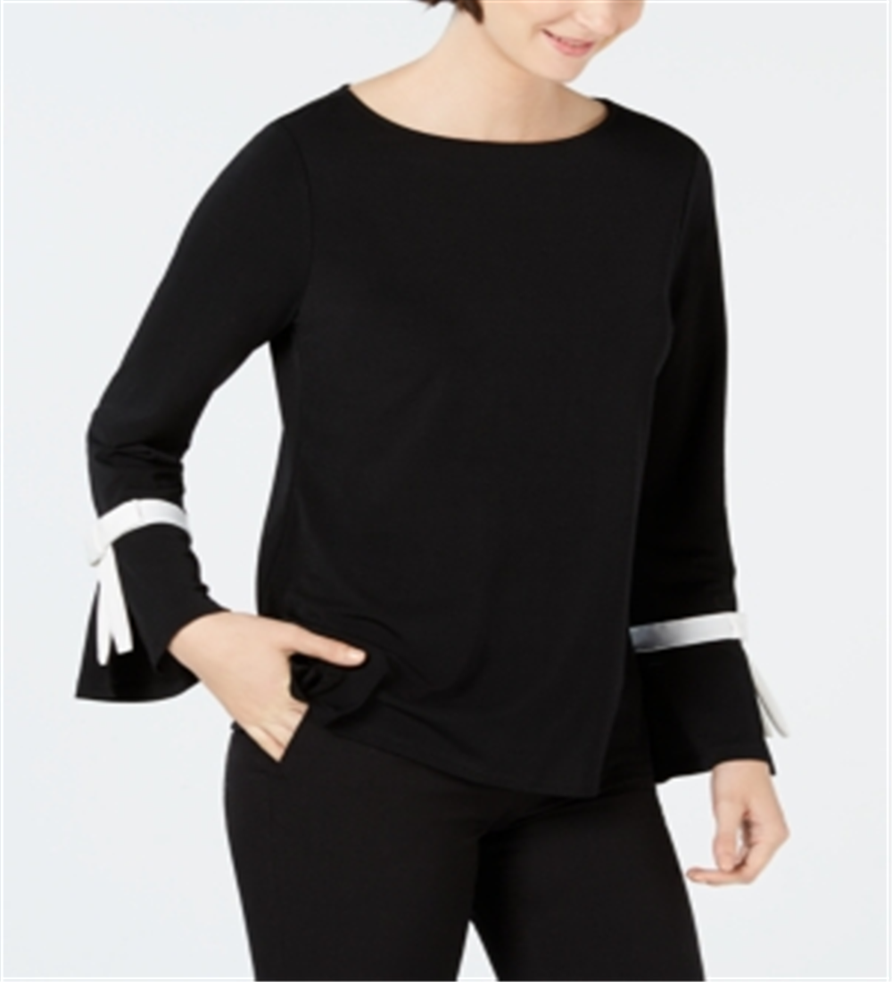 Charter Club Women's Tie Sleeve Crepe Top Black Size Medium
