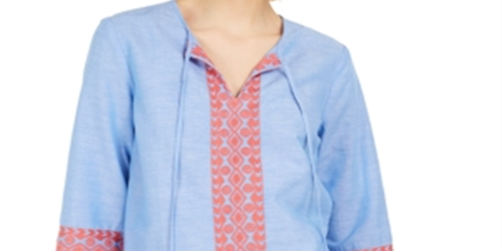 Charter Club Women's Embroidered Tasseled Blouse Blue Size Large