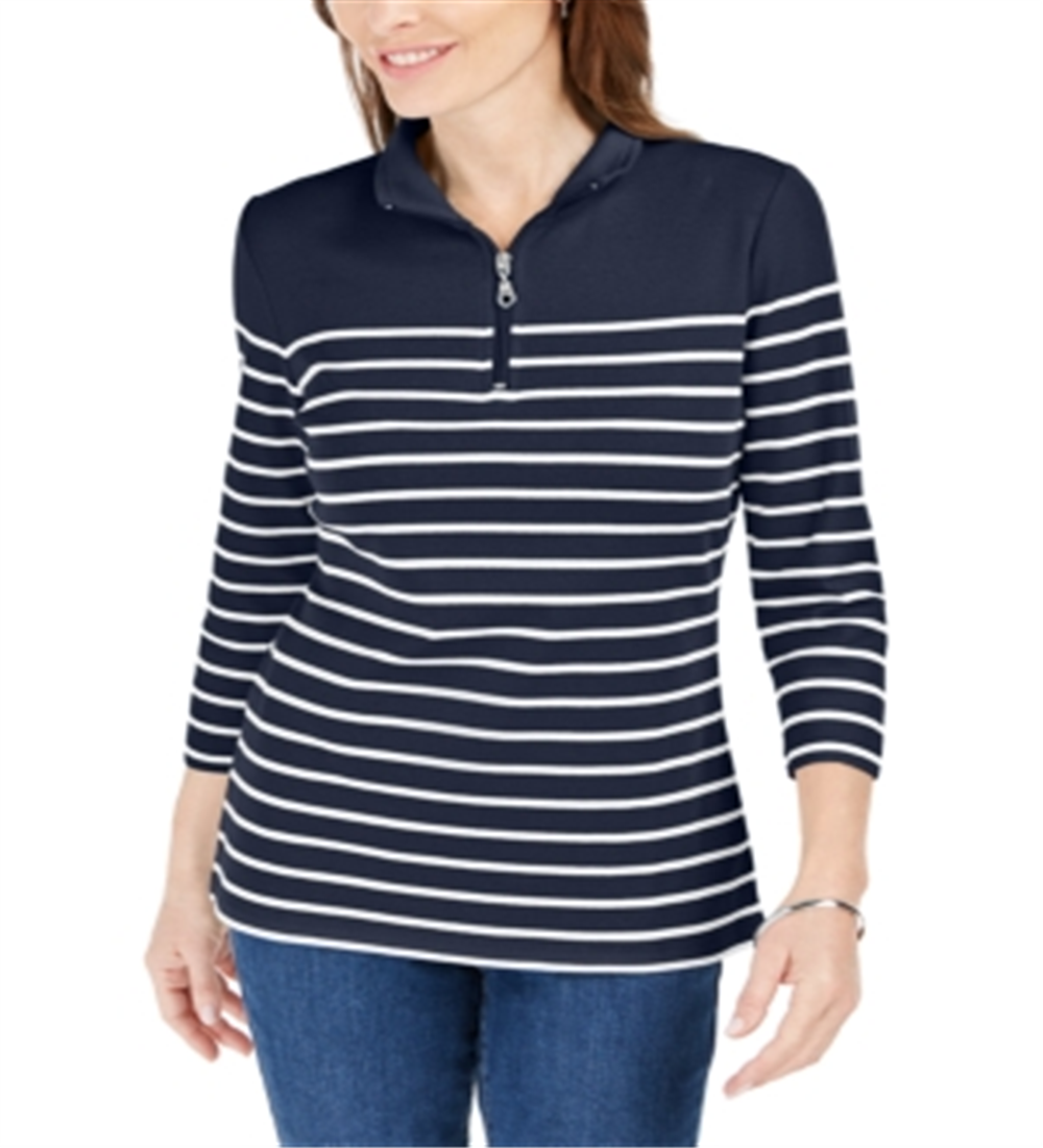 Karen Scott Women's Striped Zip Neck Top Navy Size Petite S
