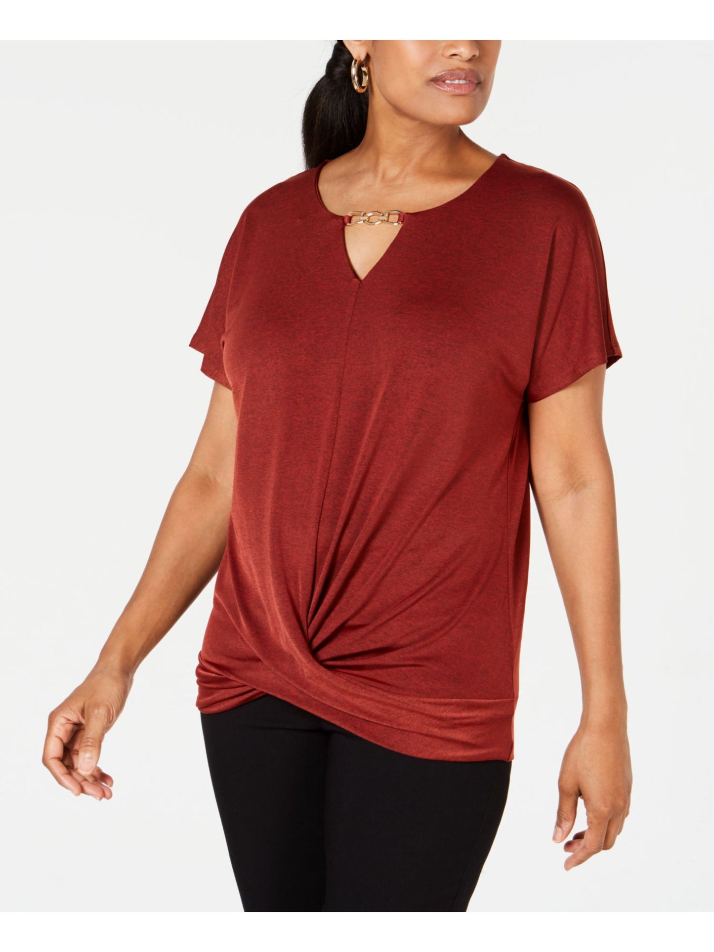 JM Collection Women's Short Sleeve Keyhole Wear to Work Top Red Size Large