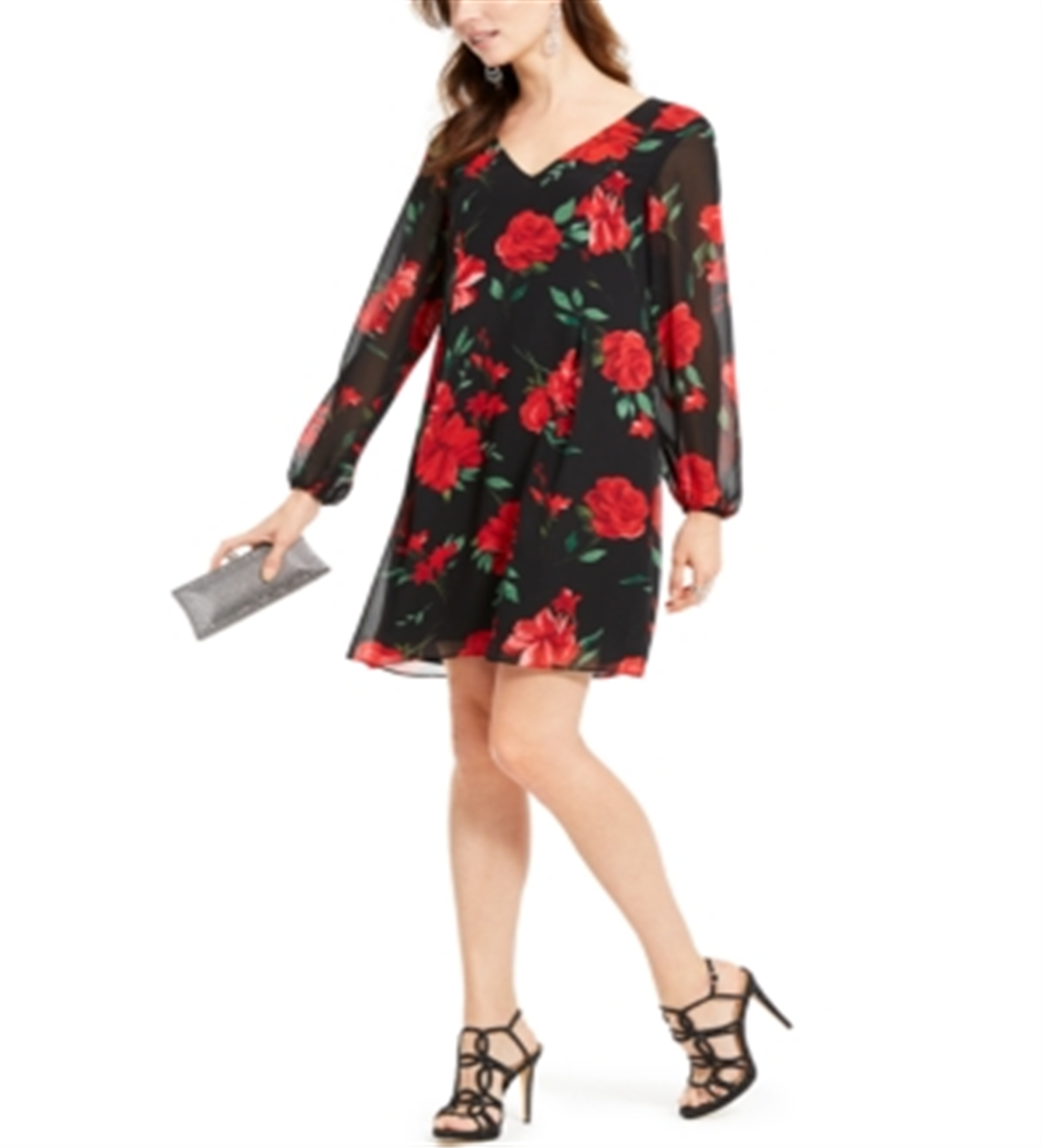 INC International Concepts Women's Rose Print Chiffon Bow Back Dress Black Size X-Large