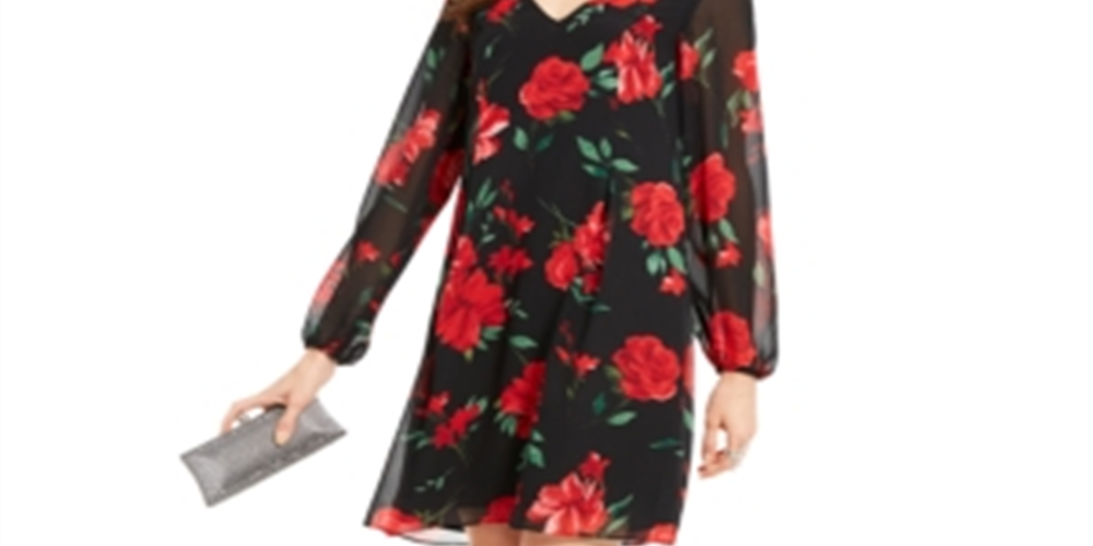 INC International Concepts Women's Rose Print Chiffon Bow Back Dress Black Size X-Large