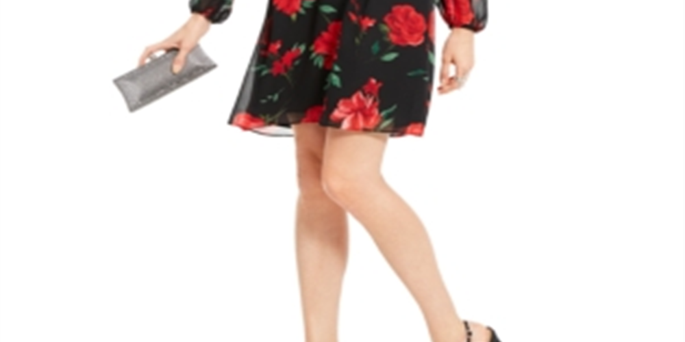 INC International Concepts Women's Rose Print Chiffon Bow Back Dress Black Size X-Large