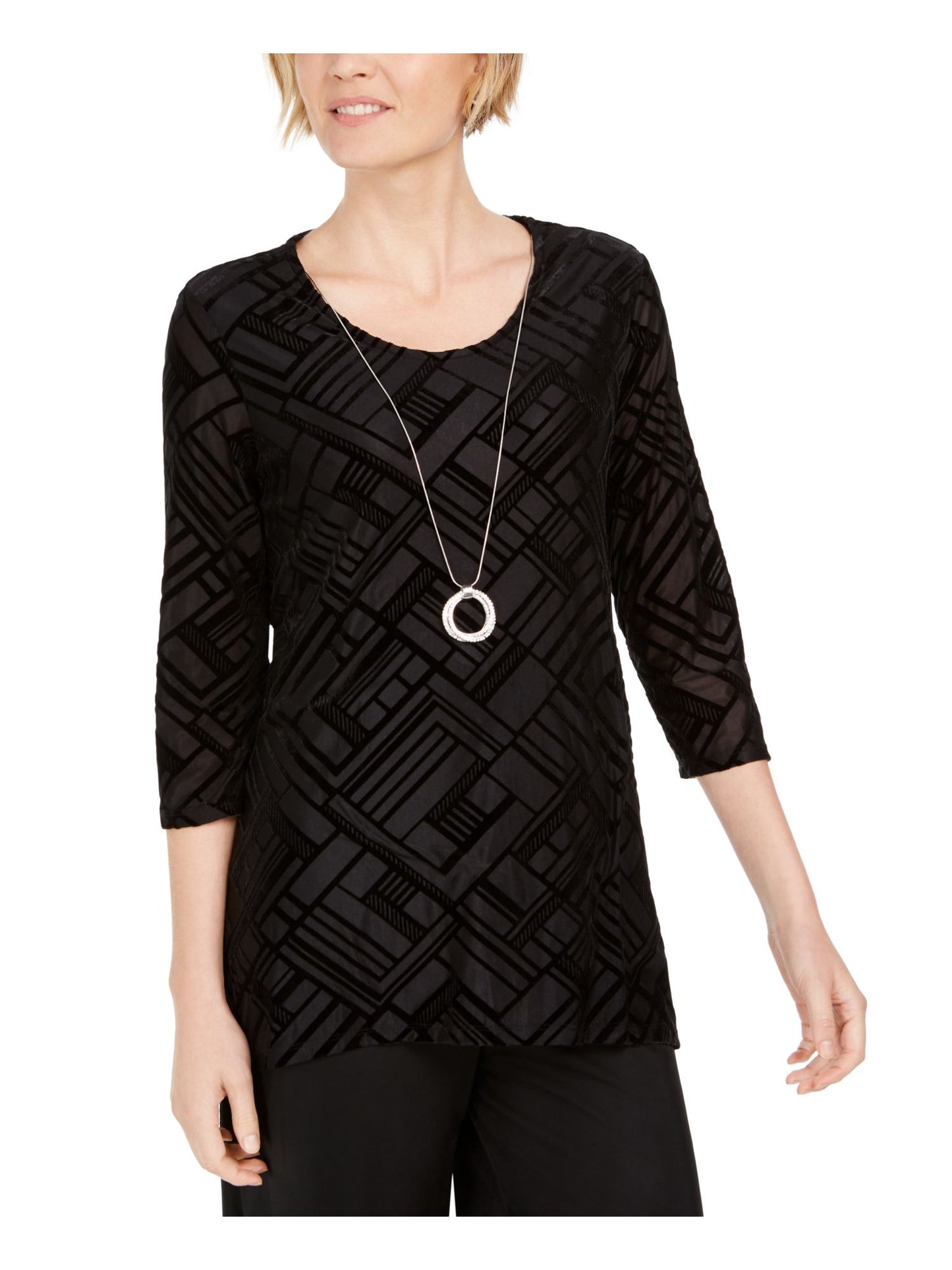 JM Collection Women's Velvet 3/4 Sleeve Scoop Neck Evening Top Black Size Petite Small