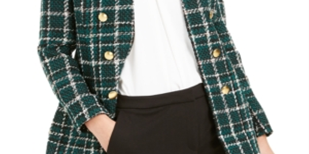Bar III Women's Plaid Open Front Double Breasted Jacket Green Size 14