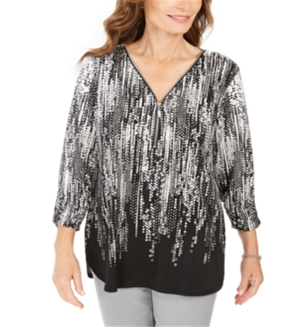 JM Collection Women's Printed Zipper Neck Tunic Black Size Small